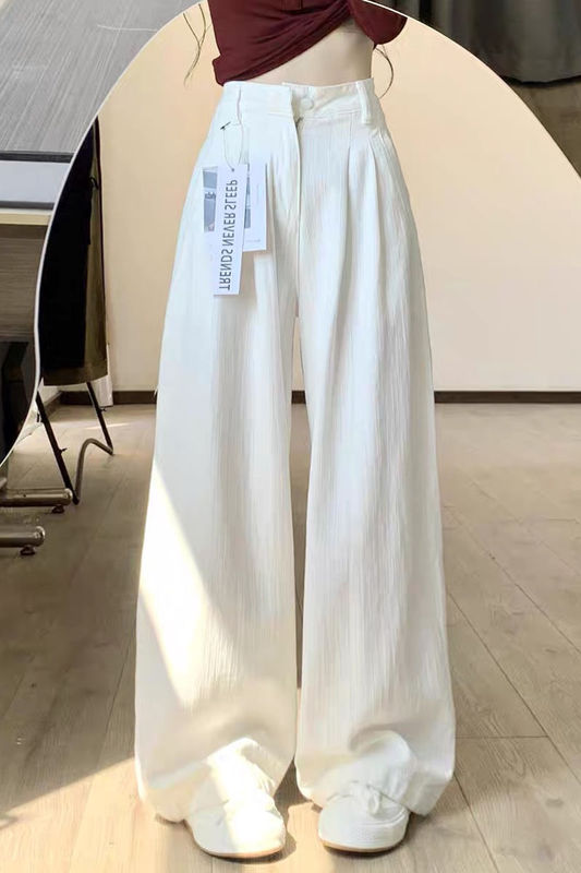 高个子褶皱白色阔腿牛仔裤女春秋新款高腰宽松垂感显瘦直筒拖地裤|undefined