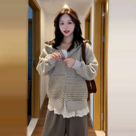 连帽卫衣外套女春秋季韩系慵懒拉条纹开衫衣早秋穿搭