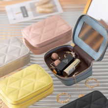 简洁小巧方便收纳包家用杂物首饰包方形内置小镜片金属拉链收纳盒