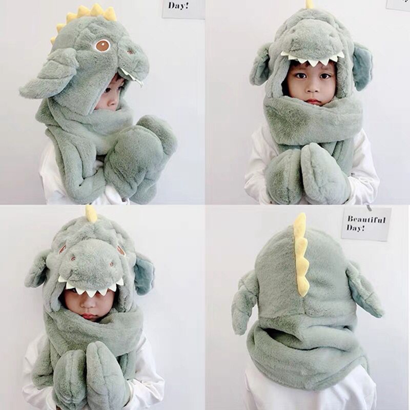 Sombreros infantiles bufandas guantes en invierno lindo dinosaurio para niños y niñas bebés protectores de oídos a prueba de viento con tres piezas engrosadas