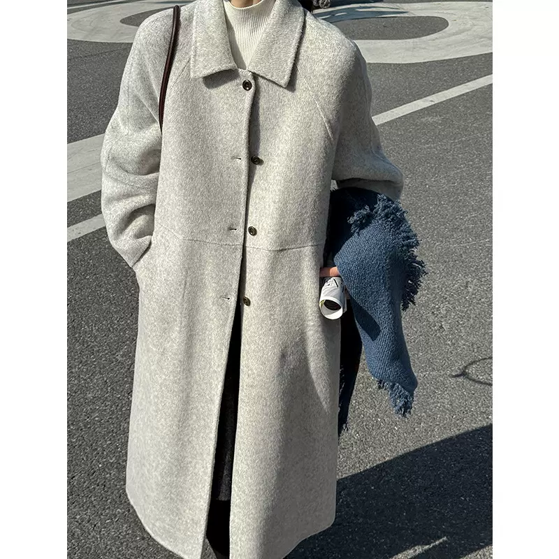 橘芷韩系大衣女双面羊绒中长款2025冬新款复古翻领毛呢大衣8808