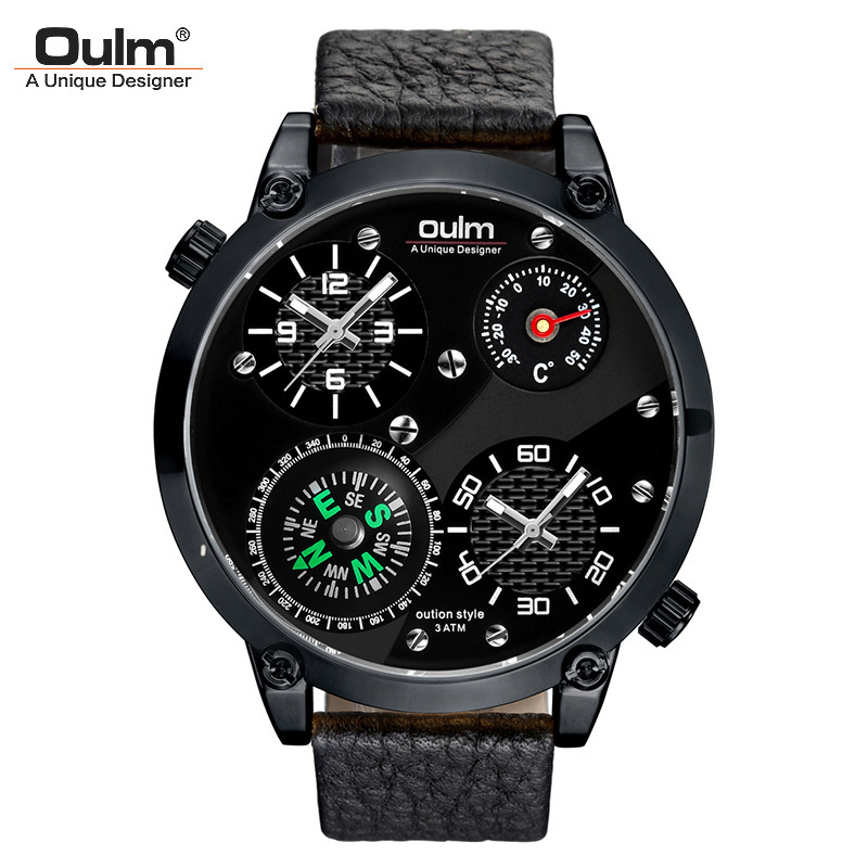 Men's Large Dial Thermometer Dual Time Zone Watch With Compass Genuine Leather Quartz Movement_voghion.com