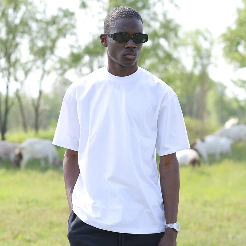 320g Heavy Solid Color Base Crewneck T-shirt Summer Men's American Style Small Neck Loose Cotton Short Sleeve Base Shirt