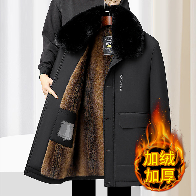 Winter Men's Hanfu-Style Cotton-Padded Jacket, Mid-Length, Fleece-Lined, Thickened, Detachable Large Fur Collar, Chinese Style for Middle-Aged and Elderly