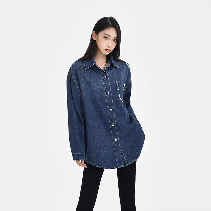 复古蓝色牛仔衬衣外套女秋冬新款秋装上衣设计感小众宽松百搭衬衫