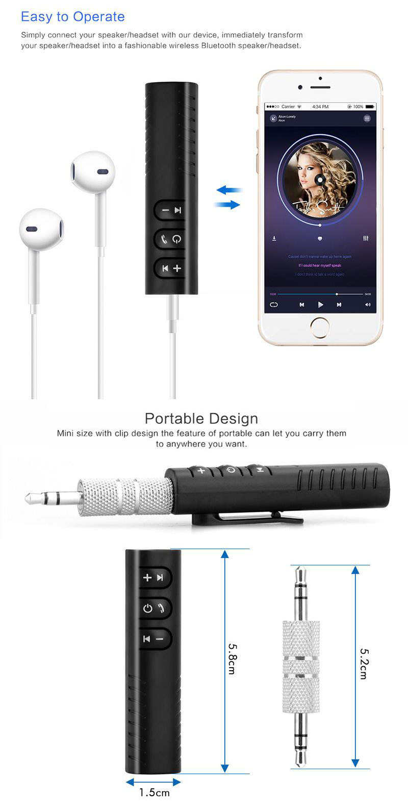 Lavalier 3.5mm Bluetooth Receiver Car Bluetooth Hands-Free Audio Receiver Portable Mp3 Music Player