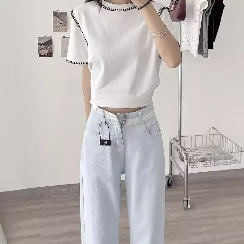 秋の新しいトレンディな女性用の背の高い人向けのコントラストカラーのストレートジーンズ、明るい色のハイウエストのゆったりとしたスリムなワイドレッグパンツ|undefined