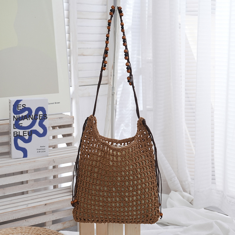 Women's Waxed Rope Hollow Woven Beach Tote Bag - Large Capacity Summer Shoulder & Underarm Bag - Thumbnail 6