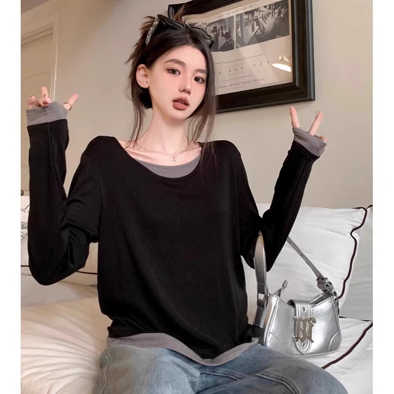 胖MM显瘦宽松假两件内搭长袖上衣女2025秋季设计感撞色拼接打底衫|undefined