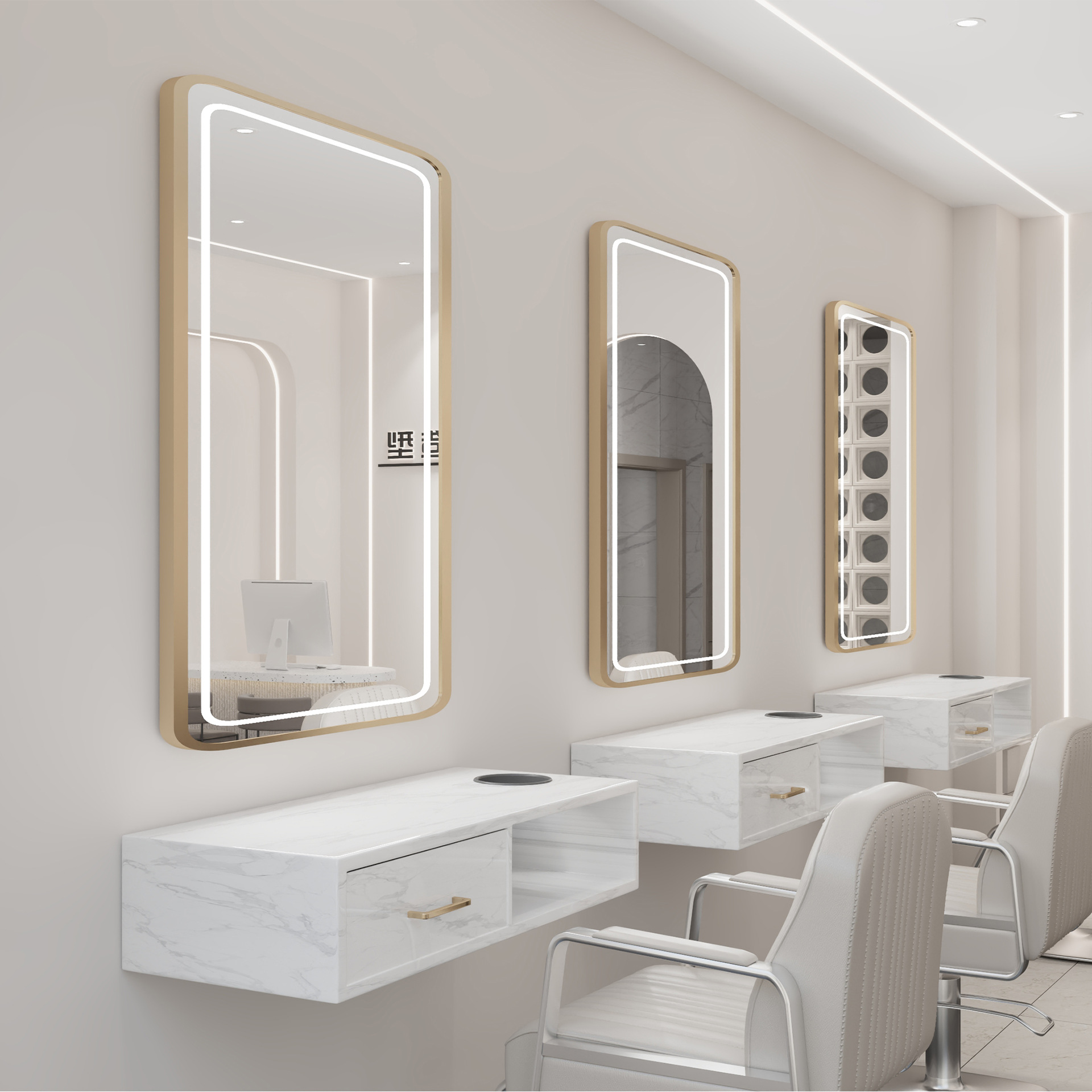 Nueva peluquería belleza con espejo de lámpara, peluquería integrada, área especial de teñido en caliente, tienda de moda de celebridades de Internet, gabinete de espejo de pared al por mayor