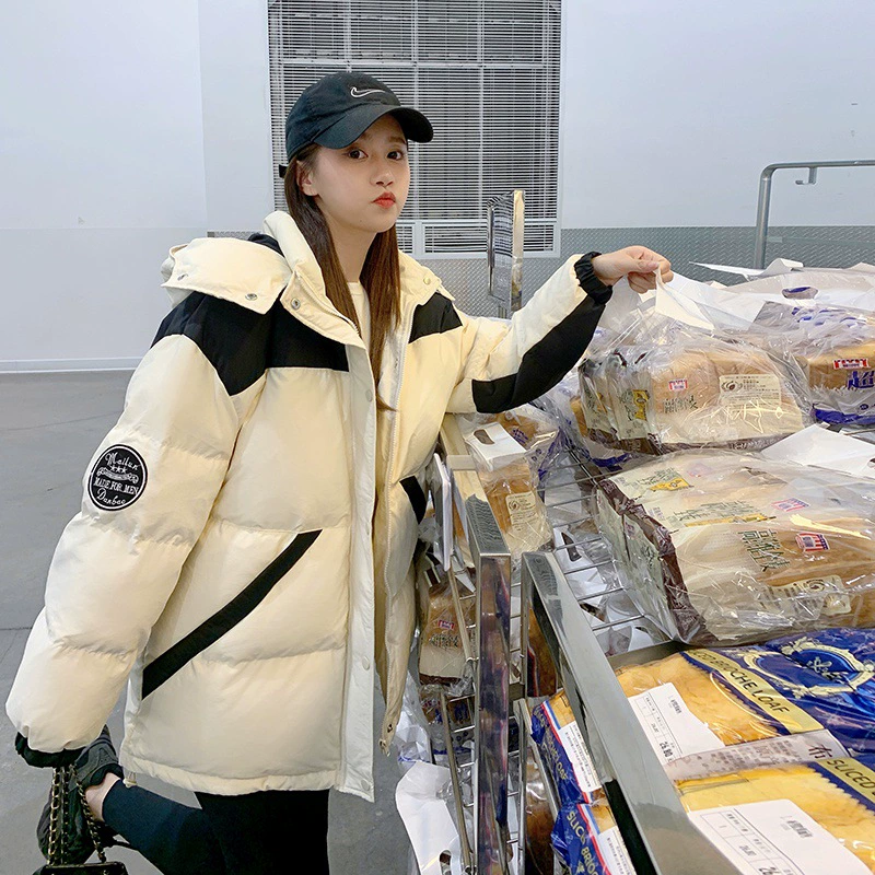 Контрастная цветная Съемная шапка, пуховик с хлопковой подкладкой, женская одежда, новая короткая зимняя холодостойкая одежда, толстое Свободное пальто в Корейском стиле в студенческом стиле