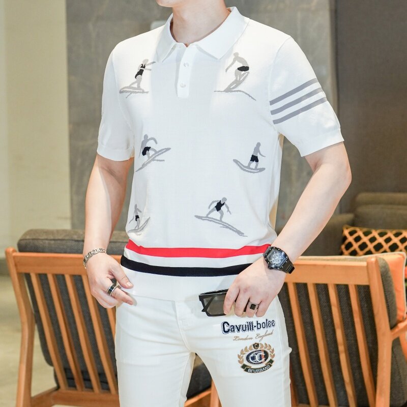 Summer New Style Jacquard Ice Silk Knitted Lapel Men's Polo Shirt Trendyy Short-Sleeved T-Shirt Men's Cool Breathable Top
