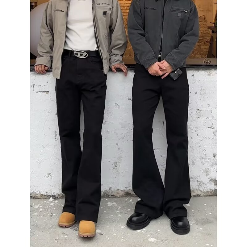 Black fleece-lined Straight Pants Slair Jeans Men's cleanfit American Style High Street Stretch High Waist Slim Pants