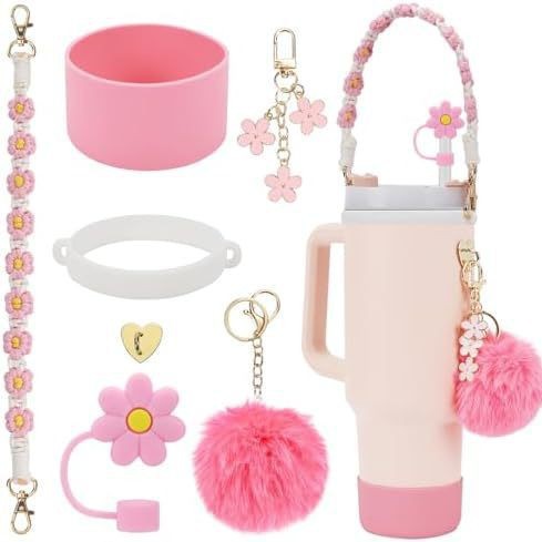 7pcs taza Stanley cuerda de mano colgante de silicona flor tapa de pajita bola de felpa colgante de copa cadena de taza de color