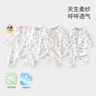 儿童全棉双层棉纱套装男女童空调服宝宝秋衣裤睡衣圆领透气家居服