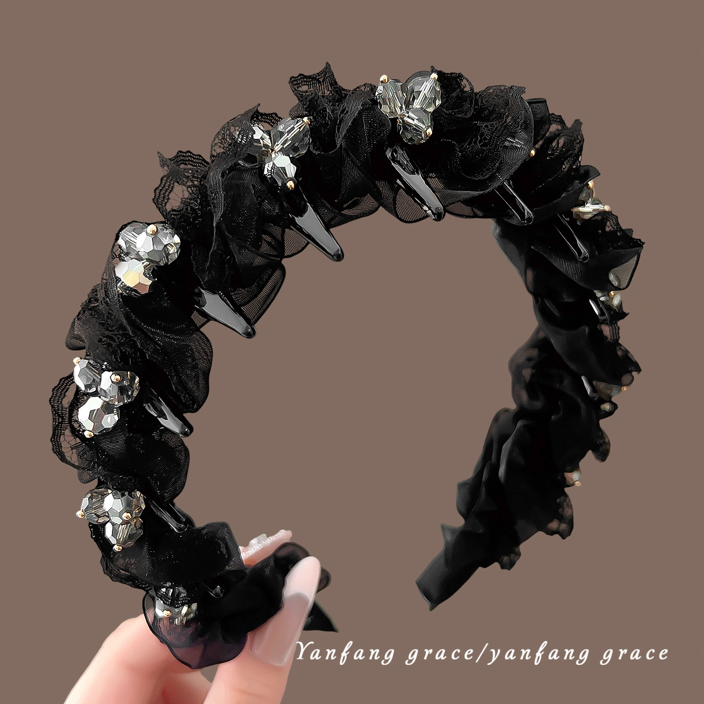 Black mesh lace crystal headband