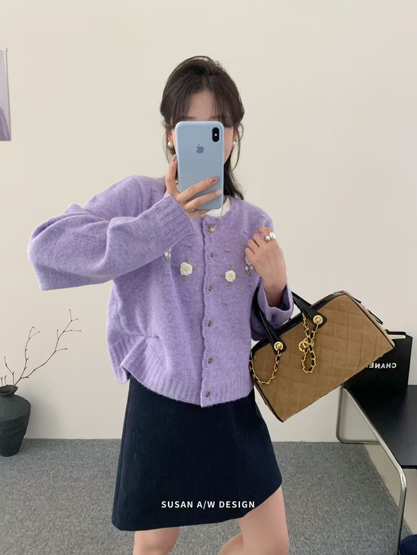 苏珊 高品质立体花朵纯色气质软糯毛衣外套女秋冬款甜美上衣8105|undefined