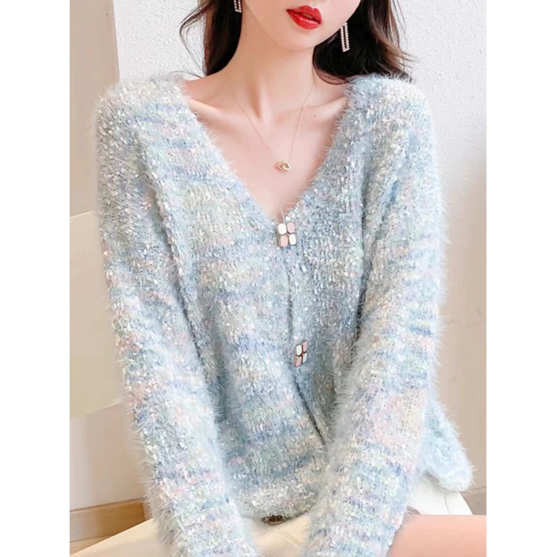 紫色慵懒风软糯毛衣开衫女25秋冬短款V领减龄糖果色针织外套上衣