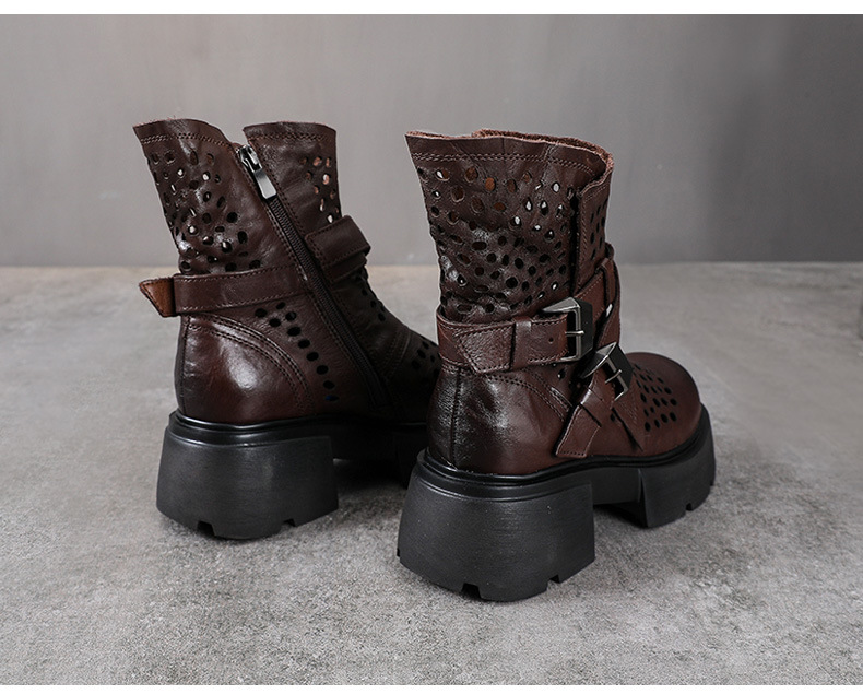 Boot Martin nữ da bò đế dày gót thô họa tiết hoa văn rỗng thoáng khí — Màu nâu chi tiết 12