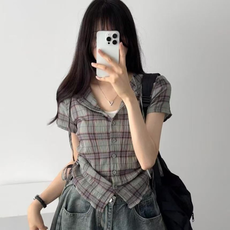 韓国シックなサイド巾着レトロチェック柄フード付き半袖シャツ女性用|undefined