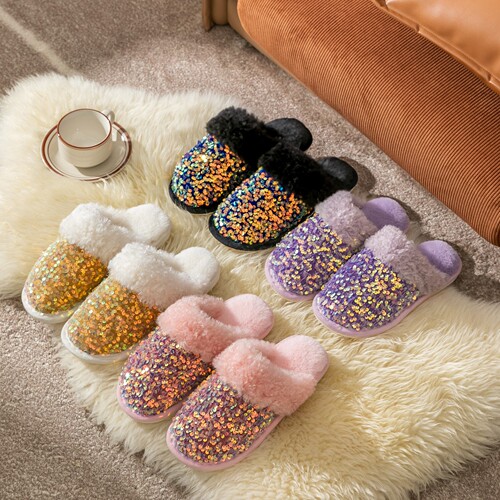 Ins Baotou cotton slippers, women's sequins, fashionable plush slippers, home and indoor fluffy slippers, women