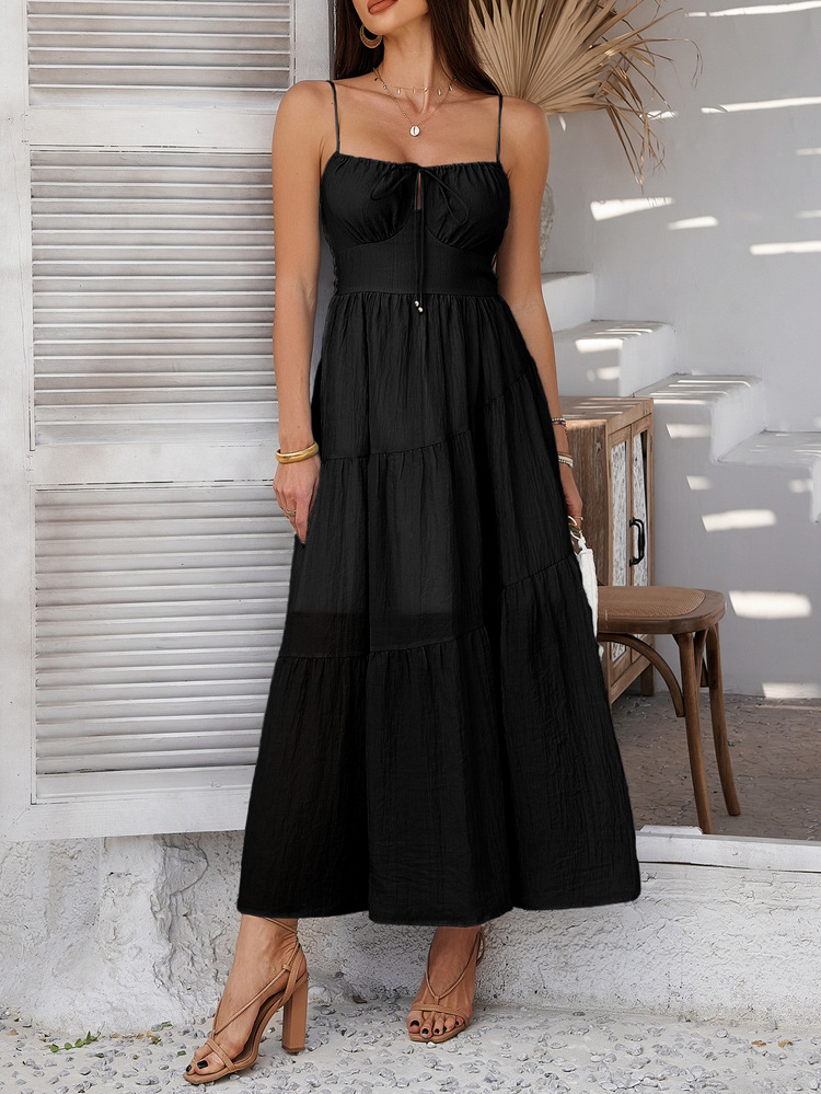 Spring Summer Vacation Solid Color High Waist Sling Dinner Dress Women Clothing