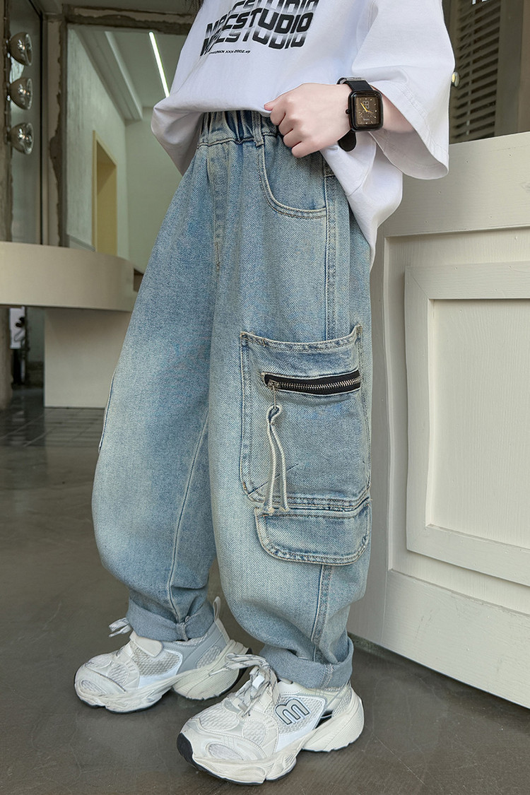 Dívčí široké džíny s kapsami a zipem modré ležérní styl_voghion.com