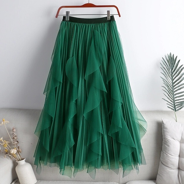 Kelp Skirt Pleated Gauze Skirt Asymmetrical Slimming Look a Mesh Skirt 2025 New Mid-Length Skirt Women's Summer