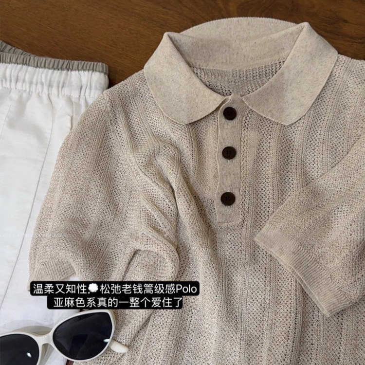 Liange Xuan Oatmeal Cheese Linen and Cotton Yarn High-End Old Money Style Polo Collar Knit Shirt with Regular Shoulders and Short Sleeves for Women
