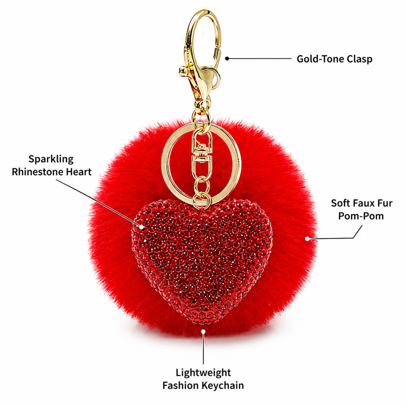 Rhinestone Heart Pom Pom Keychain Cross-Border Plush Ball Clay Rhinestone Heart Keychain