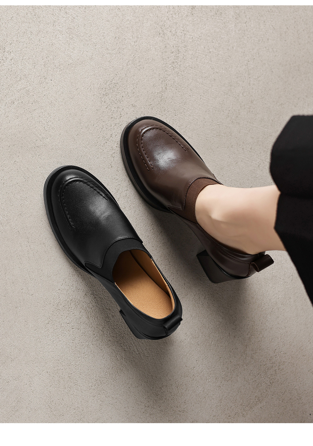 Giày cao gót nữ loafer cổ điển mũi sâu gót vuông 7.5 cm da bò thật — màu nâu chi tiết 5