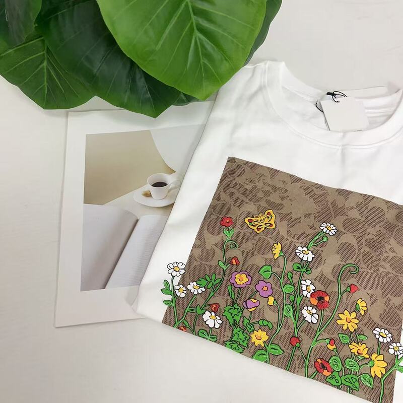26 Spring and Summer New Ch Brand Classic Square Monogram Floral Print Loose Casual Fresh Sweet Round Neck T-Shirt