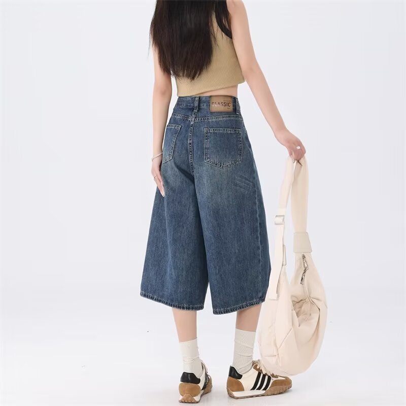 American Vintage Cropped Jeans Women's Summer New Arrival Washed Old High Waist Loose Straight Leg Wide Leg Pants Short Pants