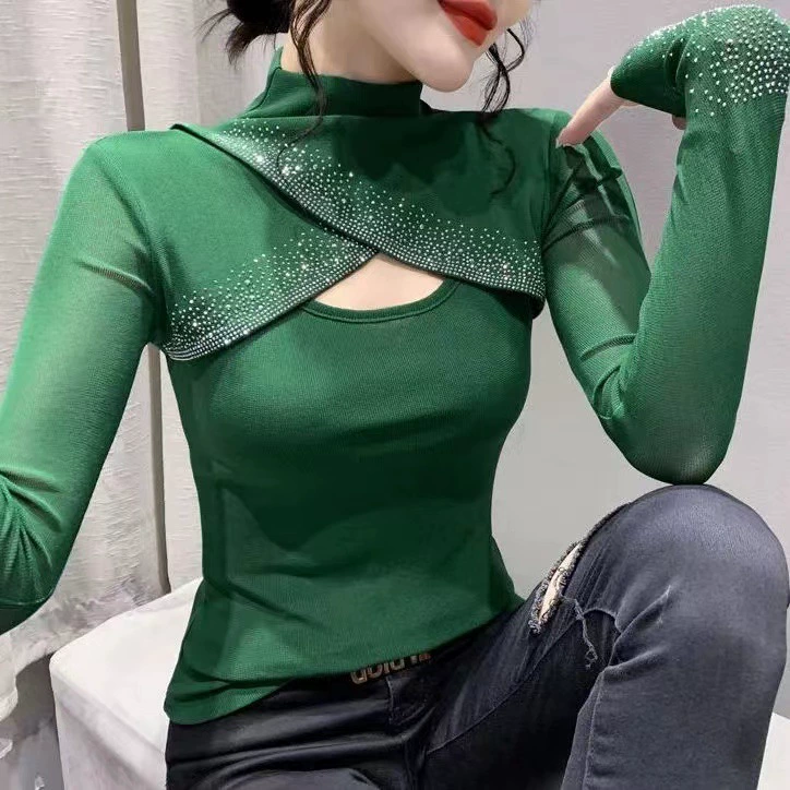 Long‑sleeve women's autumn T‑shirt, high collar, body‑skimming with mesh sleeves and rhinestones