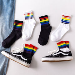 Rainbow Socks Women Mid-Calf Socks, Instagram Trendy Socks, Cotton, Japanese Striped Long Socks, Black and White Matchy-Matchy Academic Style