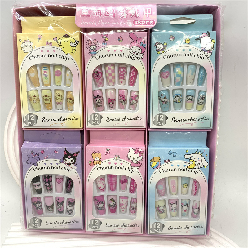 Foreign Trade Sanrio Kuromi Nail Stickers Big-Eared Dog Fake Nail Stickers Melody Kt Cute Cat Extended Wearable Nails