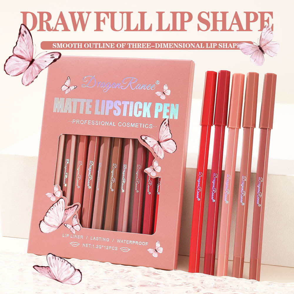 Cross-Border Lip Liner Set for Women, Matte Lip Liner, Line Pen, Foaming Pen, Hexagonal Lipstick Pen, 12-Color Set