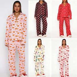 2026欧美跨境外贸女装新款蝴蝶结长袖衬衫长裤2件套装睡衣家居服