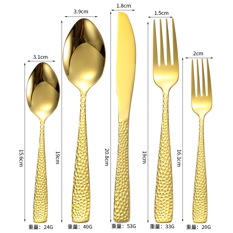 Amazon vajilla snakeskin martillo mango conjunto de cinco piezas creativo occidental cuchillo de carne y tenedor cuchara de acero inoxidable dorado cuchillo y tenedor