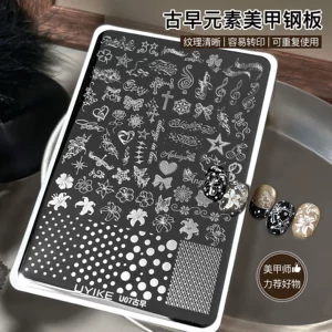 New vintage-style nail art stamping plates featuring musical notes, lilies, polka dots, and crosses – wholesale retro pattern transfer plates