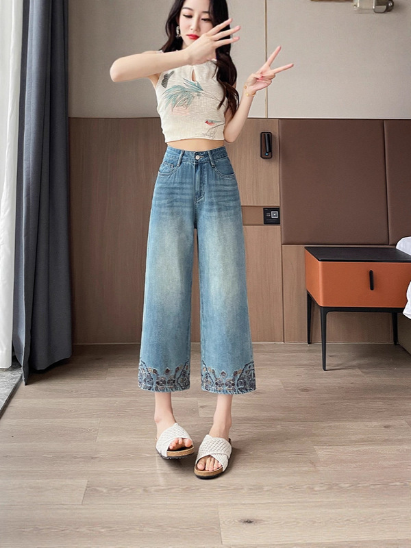 复古国风刺绣宽松八分九分阔腿裤女高腰显瘦遮肉牛仔直筒裤子花朵|undefined