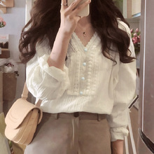 外贸新款跨境时尚宽松休闲女式上衣精致花边V领套头修身长袖衬衫