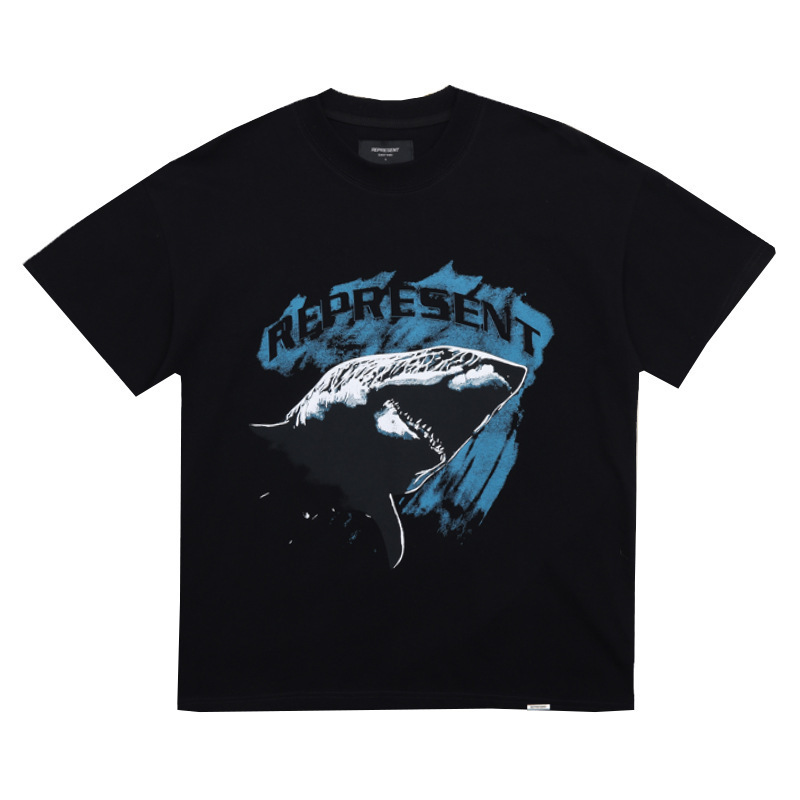 Represrep杜賓犬水洗いして古いアメリカのファッションブランドのヴィンテージのレトロなサメの半袖のtシャツの男をします。|undefined