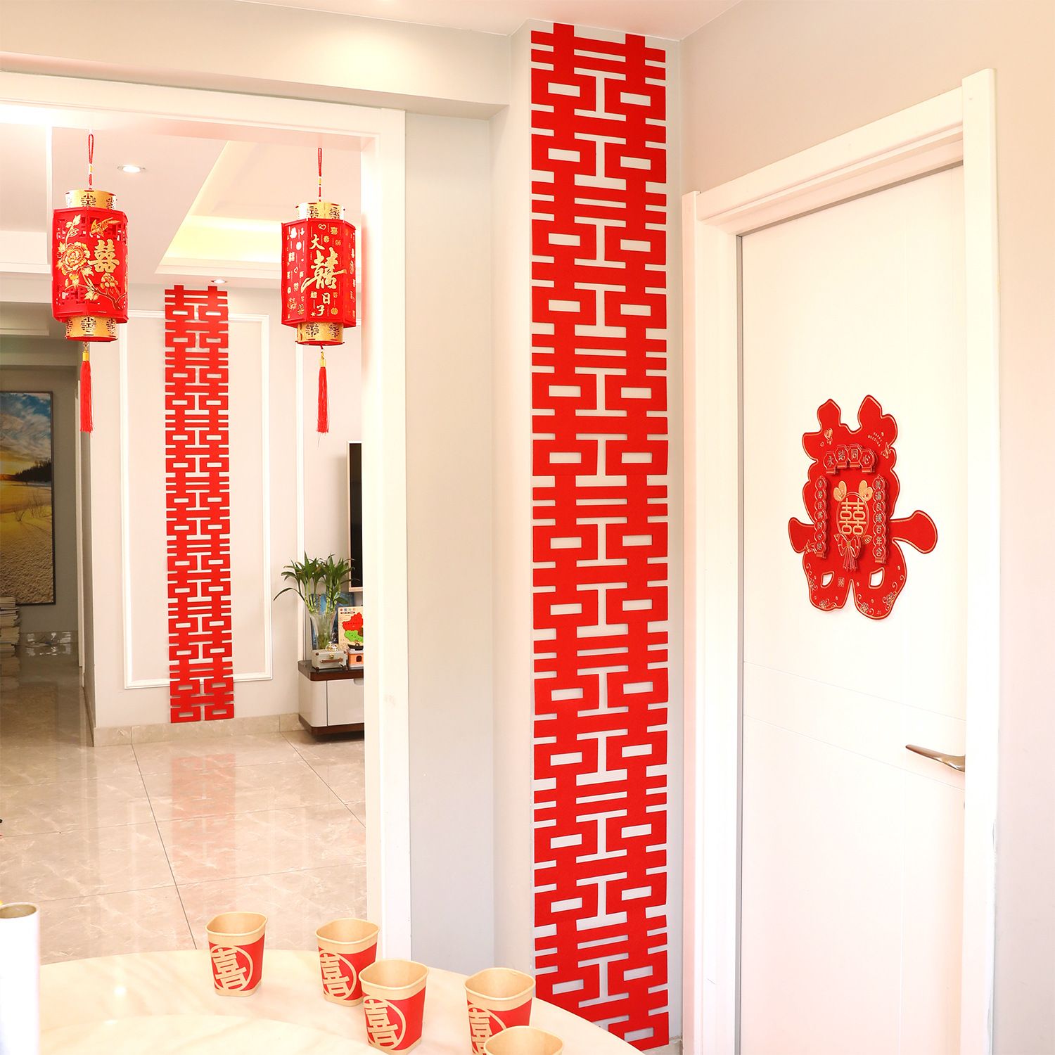 Wedding Room Decoration Set for Both Groom and Bride's Master Bedroom, Social Media Influencer Hotel Style Newlywed Home Long Strip Double Happiness Character Sticky Note for Hanging on the Ceiling