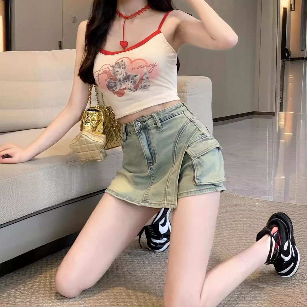 2024夏季新款复古做旧大口袋设计洗水牛仔三分短裙裤裙女阔腿