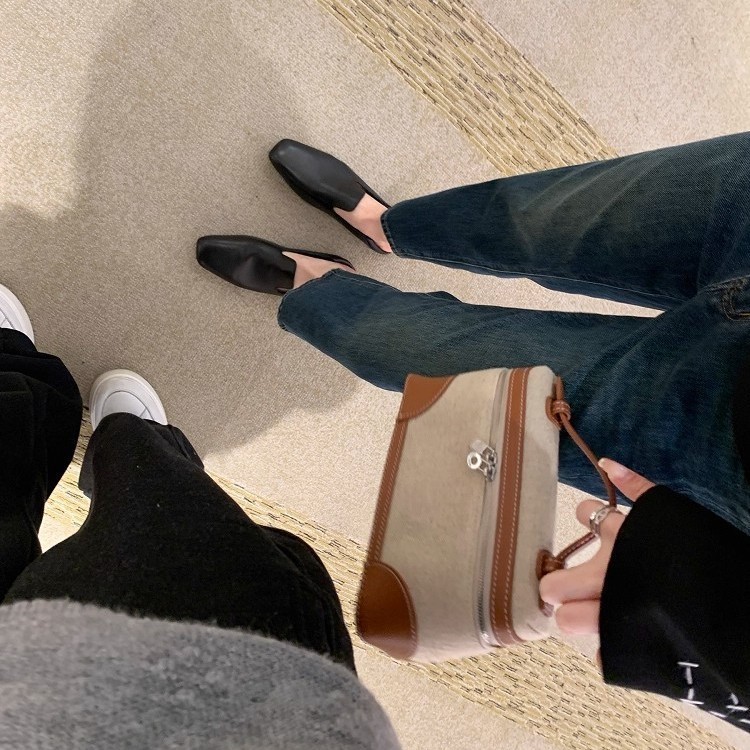 现货~葡萄妈同款 小众斜切方头极简风一脚蹬百搭通勤乐福鞋女春夏|undefined