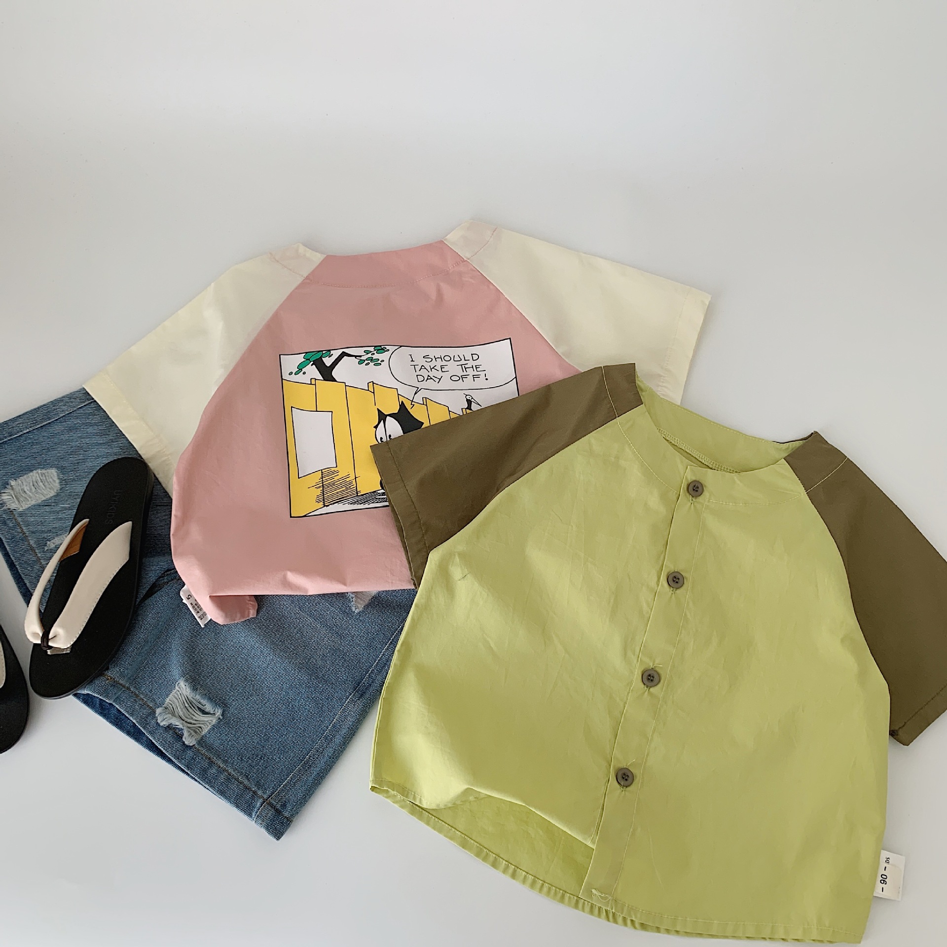 Maibao ropa para niños camisa de manga corta para niños 2025 verano nuevo estilo coreano niños y niñas dibujos animados a juego de algodón cardigan marea