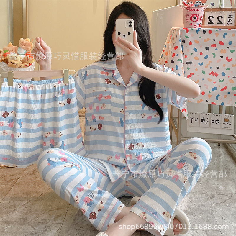 Pequeño pijama de corazón de melocotón para mujeres tres piezas de verano nubes de algodón se puede usar pantalones de manga corta para estudiantes de dibujos animados ropa para el hogar