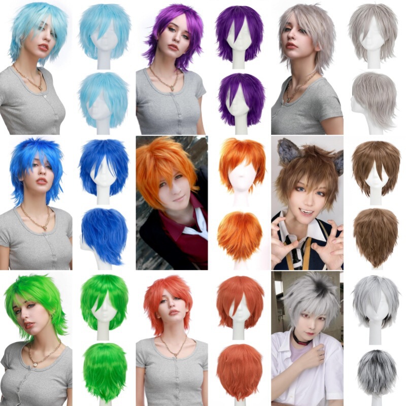 Anime Color Wig cosplay Multicolor Anti-upturned Short Hair Men's and Women's Short Straight Hair Button Net Full Head Cover Fake Hair