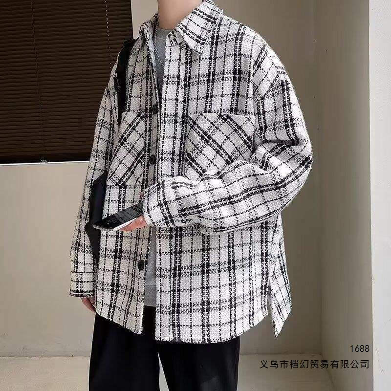 Black and white plaid tweed jacket, men's spring/autumn collection, designer men's wear, American retro style, sophisticated and stylish